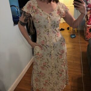 Karavan Floral maxi dress with tie back, button up front and pockets